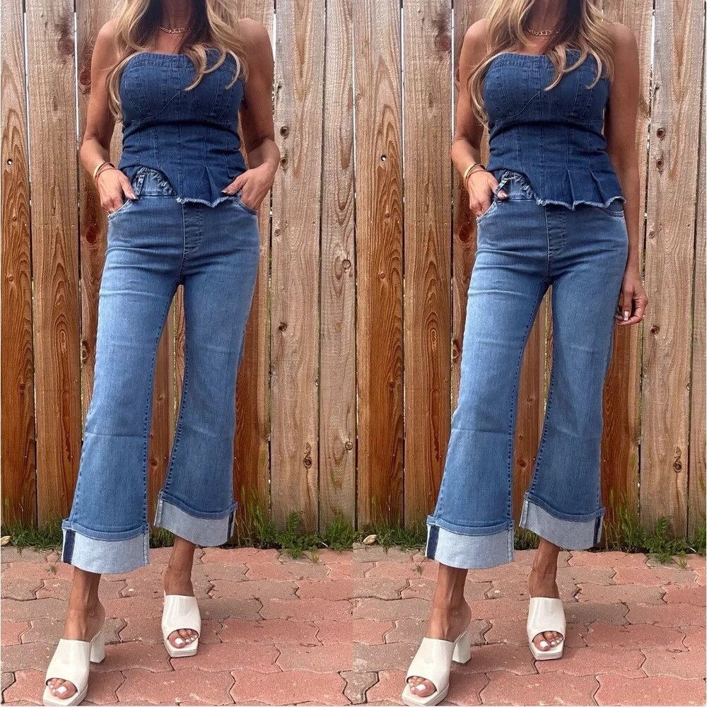 Bevy Flog Jasmine Cropped Jeans Womens 26 Blue Pull On Elastic Waist Wide Leg